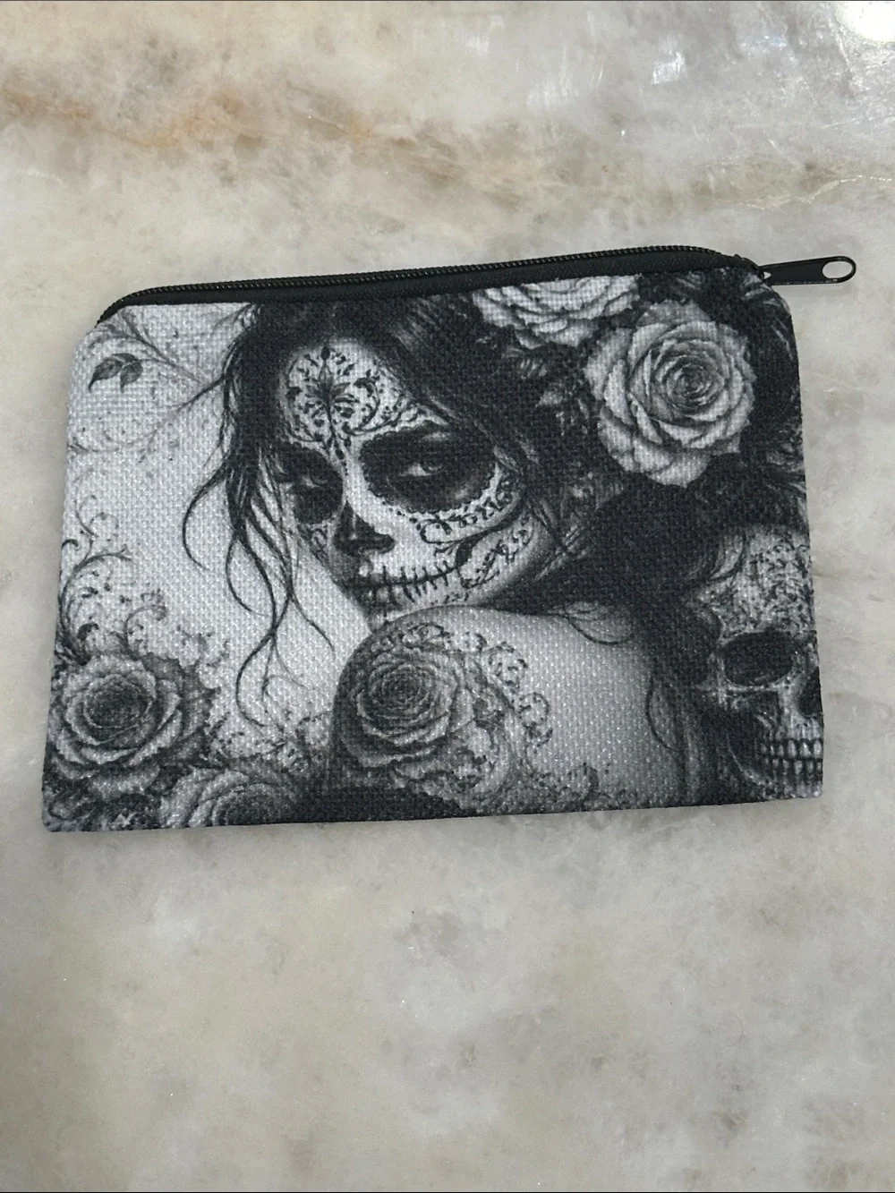 Day of the Dead Black & White Canvas Zip Pouch